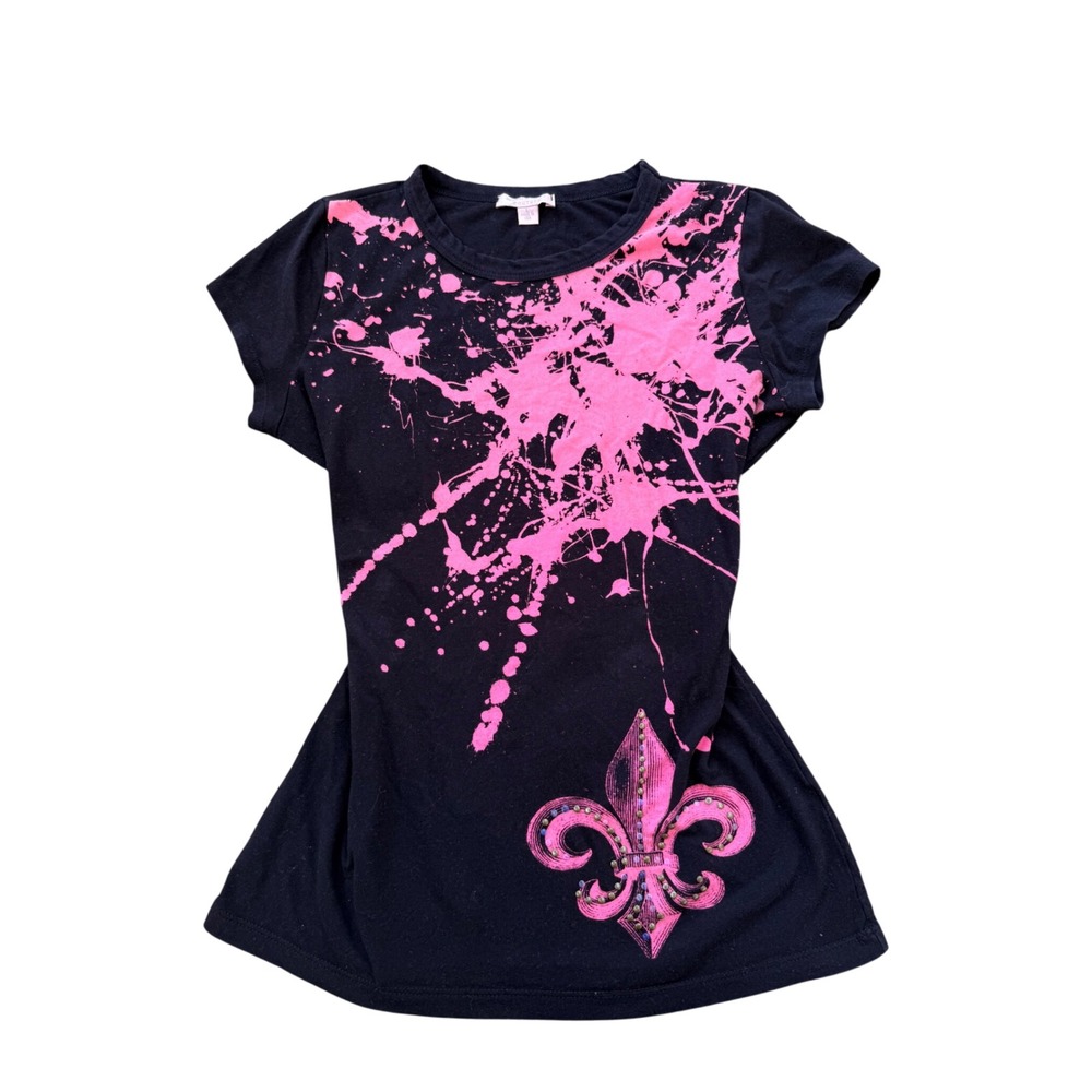 Y2K 2000s Romeo & Juliet Couture Black Pink Splatter Fleur De Lis Studded Tee